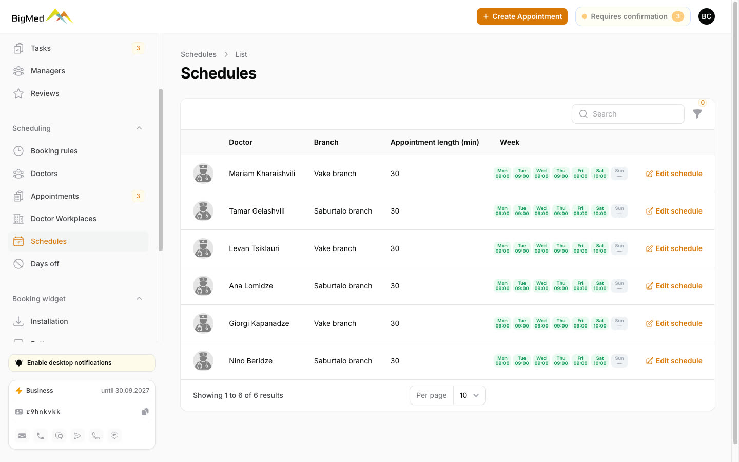 Doctor schedules and days off